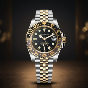 Montre de plongée GMT NH34 bicolore argent et or, bracelet Jubilee, logo S, mouvement Seiko, cadran MOD, acier inoxydable, bracelet en cuir, résistante à l'eau - Product Image 2