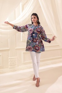 Compre una elegante túnica de manga larga con estampado étnico mosaico, de corte relajado, ropa de moda premium de boutique para mujer. - Product Image 6