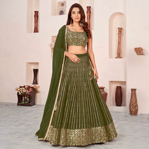 Ovlive Green <b>Sequin</b> Embroidered Lehenga Choli Organza Dupatta A-Line <b>Crop</b> <b>Top</b> Wedding Reception Outfit - Product Image 1
