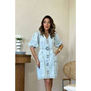 Robe en jean délavé effet neige, col en V, coupe trapèze, manches ballon, respirante, style vintage pour femme - Product Image 2