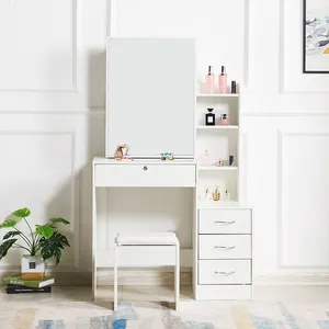 Wholesale Bedroom Furniture White Color Dressing Table Sliding Mirror Storage Drawers Dresser MDF Wood Makeup Vanities