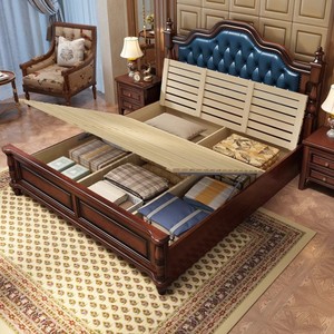 Juego de Muebles de Dormitorio Americano de Lujo Ligero, Moderno, Sencillo, Rústico, de Madera Maciza, Cama Doble Retro, Cama de Madera Suave-333 - Product Image 2
