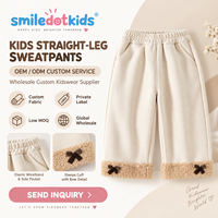 Smiledotkids Pantalons de jogging personnalisés pour enfants, avec revers en sherpa crème et nœud, doux, OEM ODM, pour tout-petits filles et garçons, vente en gros