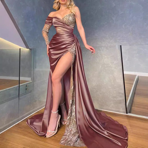 Plus <b>Size</b> Women's Off Shoulder Maxi <b>Dress</b> With Train Sequins Slit Long Skirt For Banquet Evening Wear Green Pink Rose Grayish - Product Image 3
