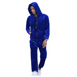 Ensemble de survêtement en velours bleu royal pour homme, sweat-shirt à fermeture éclair intégrale et pantalon, couleur unie, vêtements d'hiver décontractés avec poches latérales - Product Image 2
