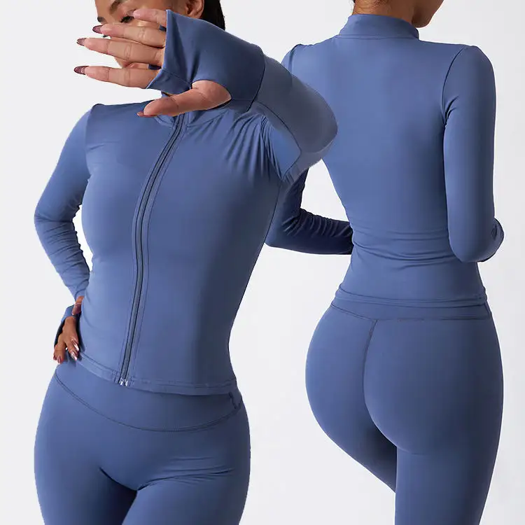 Wholesale Slim Fit Long Sleeve Yoga Jackets Gym Running Lightweight Coat Zip Up Thumb Hole Stand Collar Women Sports Yoga Jacket