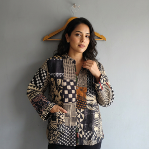 Quilted <b>Patchwork</b> <b>Jacket</b> Women's Mandarin Collar Full Sleeve Cotton Autumn Style Regular Length Patch Designs - Product Image 1
