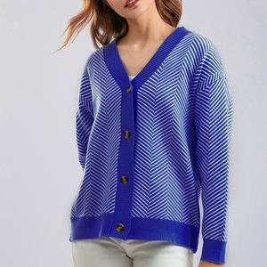 One Size Frühling und Herbst New Single Breasted Cardigan V-Ausschnitt Kontrast Loose Striped Sweater Langarm <span class=keywords><strong>Coat</strong></span> Top - Product Image 3