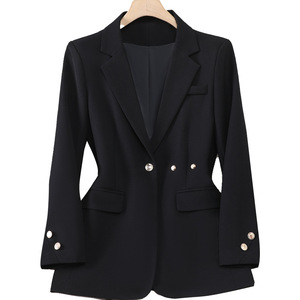 Women's Beige Blazer Slim Fit Solid Color Polyester Fiber 100% Worsted Spring Autumn Casual Suit Jacket - Product Image 5