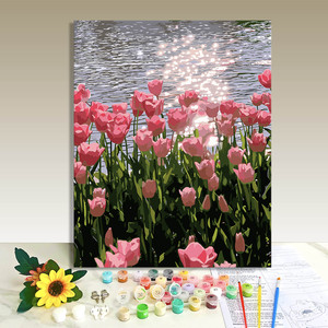 Paint by Numbers Canvas Art Kit Pink Tulips Lake Scene Rectangle Digital Printing Handmade DIY Oil Painting 40x50cm - Product Image 1