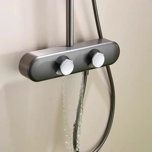 Ensemble <span class=keywords><strong>de</strong></span> <span class=keywords><strong>douche</strong></span> <span class=keywords><strong>de</strong></span> luxe gris bronze chromé avec mitigeur thermostatique à poignée unique, système <span class=keywords><strong>de</strong></span> <span class=keywords><strong>douche</strong></span> pluie en laiton massif, douchette à main et <span class=keywords><strong>barre</strong></span> <span class=keywords><strong>de</strong></span> massage coulissante - Product Image 4