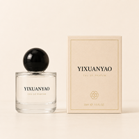 Botol Parfum Kaca Bulat Mewah dengan Pompa Semprot Tutup Bola Hitam Logo Kustom Kotak Hadiah 30ml 50ml 100ml