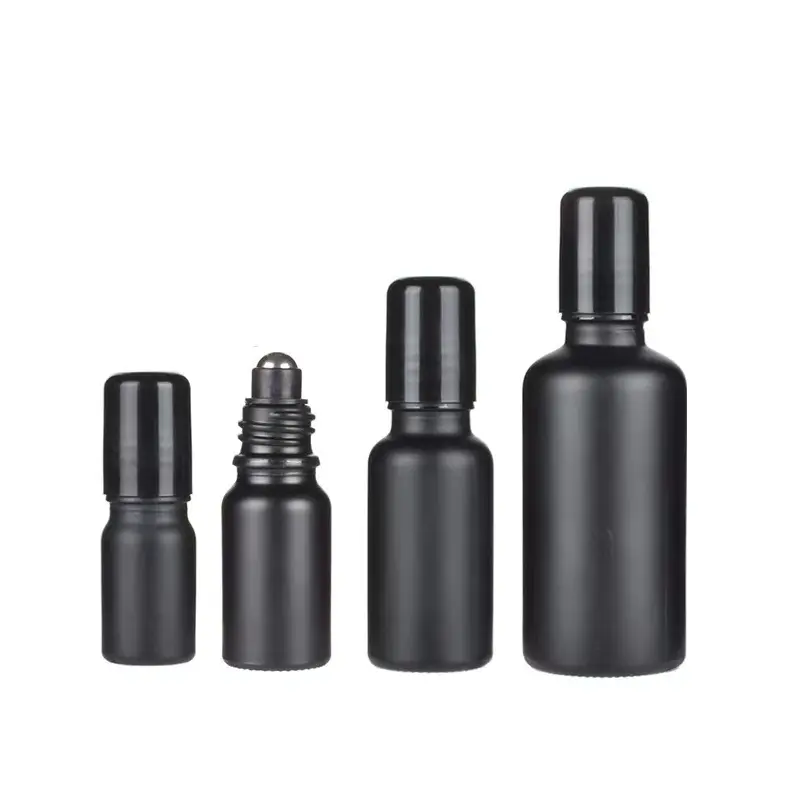 Customized Wholesale 30ml 50ml Matte Black Glass Roll on Bottles Perfume Essential Oil with Stainless Steel Roller Ball