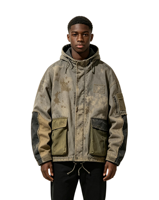 Parka cargo vintage personnalisée, coupe oversize, en tissu épais, avec capuche, style Dirty Spray, patchwork, multi-poches, bords effilochés, écologique et respirante