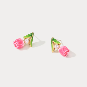 <span class=keywords><strong>Orecchini</strong></span> da Donna Placcati Oro con Smalto a Rosa e <span class=keywords><strong>Tulipano</strong></span>, Stile Vintage, in Rame con Zirconi, Motivo Geometrico Floreale - Commercio all'Ingrosso di Moda - Product Image 3