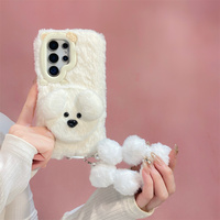 Coque de téléphone en peluche avec miroir de maquillage rabattable motif chiot de dessin animé mignon et sangle pompon pour Samsung Galaxy S26 Ultra S25 S24 A57