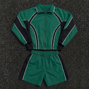 Green Solid Tracksuit Set Zip-Up Hooded Windbreaker <b>Jacket</b> Shorts Sportswear Two-Piece Activewear <b>Summer</b> Adult Lightweight Front - Product Image 1