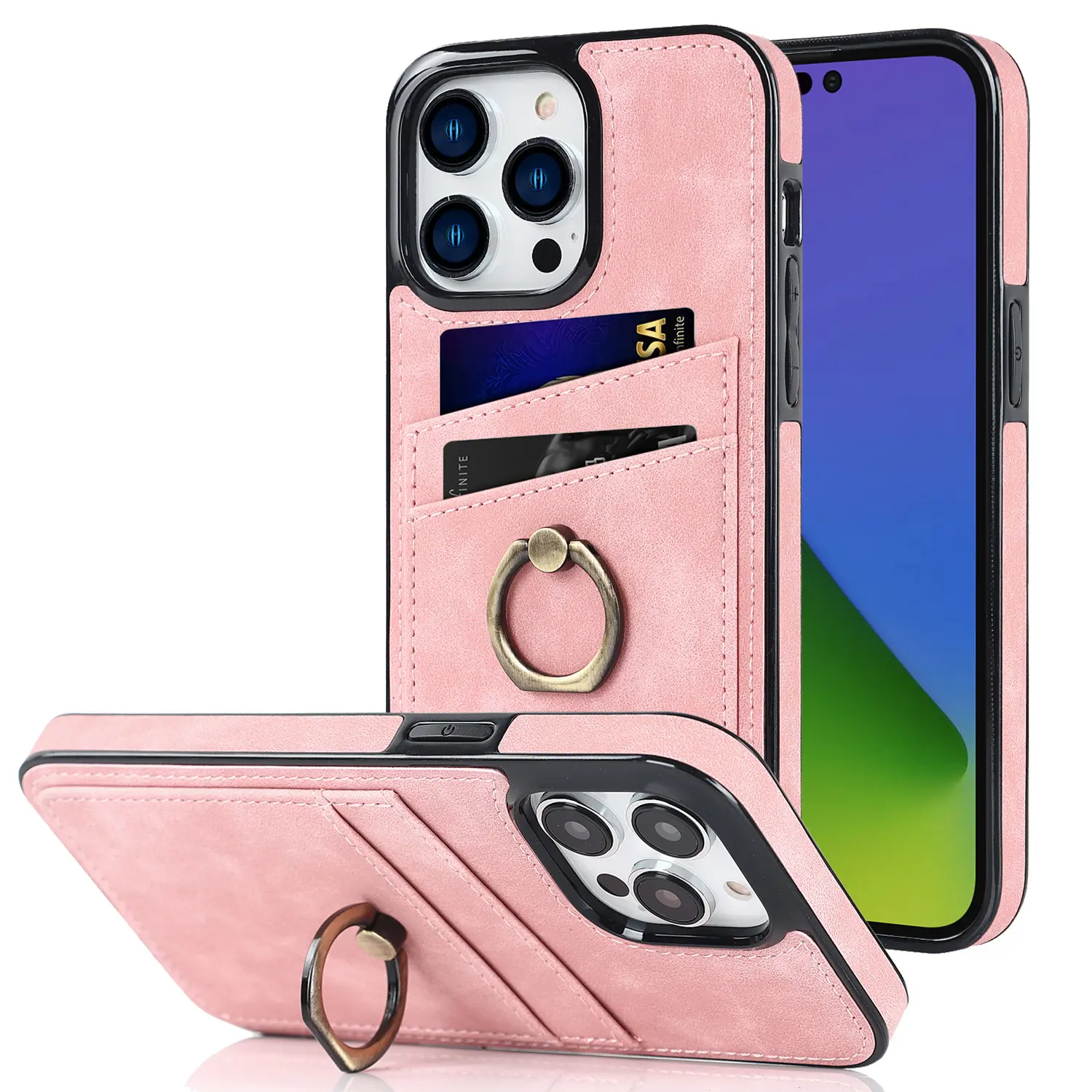 Ring Kickstand Case For iPhone 14 Dual Card Slots PU Leather Mobile Phone Cases For iPhone 14 Pro Max