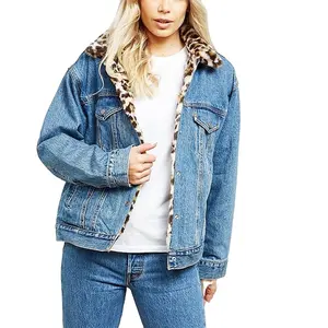 High quality stylish fleece lined fur leopard print denim jeans jacket women's quilted trucker winter fur coat women ladies