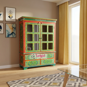 Antique Look Reclaimed Recycled Mango Wood <b>Green</b> Hand Painted Wardrobe Almirah <b>Cabinet</b> with Glass Fitted For Living Room Hotel - Product Image 3