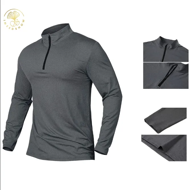 Custom Heren Kleding Dry Fit Lange Mouw Licht Gewicht Kwart Rits Hardloop Sport Huid Strakke Zweet Actieve Kleding T-Shirt Voor Mannen