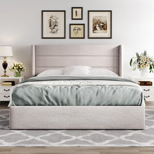 Modern Simple <strong>Beauty</strong> Wingback Headboard Light Beige Full Size Lift up Storage <strong>Bed</strong> with No Box Spring Needed Hydraulic Storage - Product Image 6