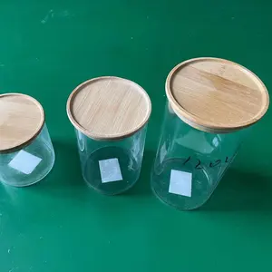 定制设计200毫升现代厨房罐圆形木质硼硅酸盐玻璃储物罐，带竹盖，用于食品调味品