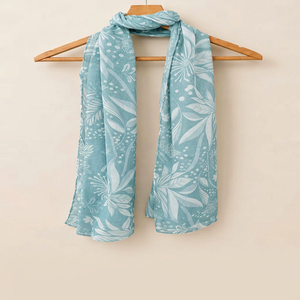 Premium Ice Blue Floral Leaf Print Poly Dobby Scarf Long <b>Shawl</b> Breathable <b>Wrap</b> for <b>Women</b> Daily Travel - Product Image 1