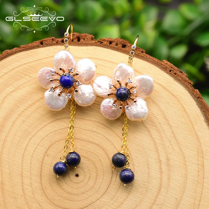 Natural Baroque Pearl Flower Dangle Earrings For Women Wedding Lapis Lazuli Drop Earrings Luxury Fine Jewelry