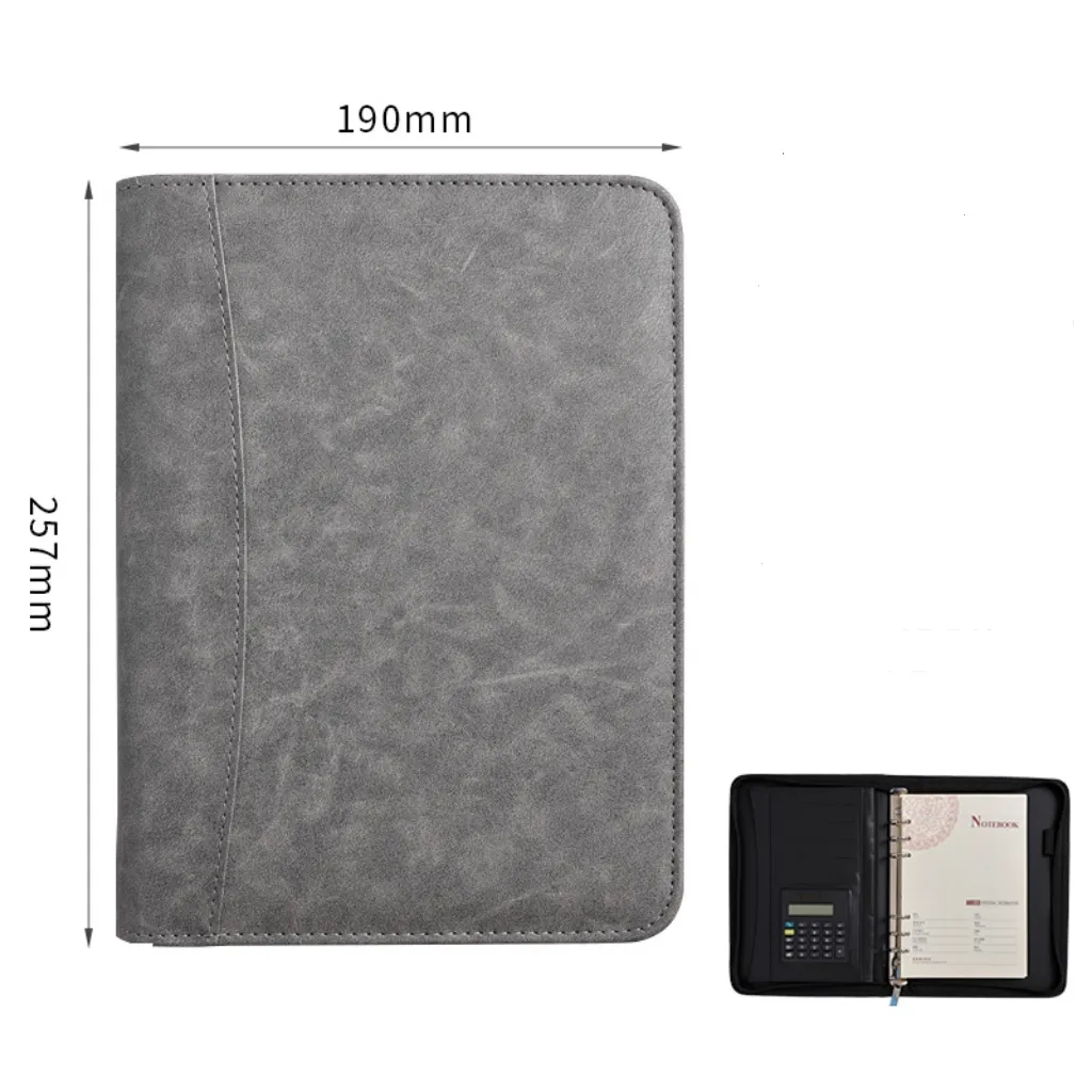 Voeg Uw Eigen Logo Multifunctionele Pu Lederen Aangepaste Portfolio Map A5 Grijze Padfolio Met Ritssluiting Toe