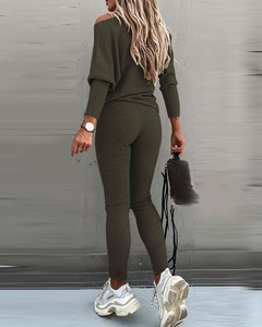 Costume de sport décontracté pour femme haut pull solide à épaules dénudées avec pantalon long vêtements de sport en tricot qui frappe la longueur de la <span class=keywords><strong>cheville</strong></span> - Product Image 5