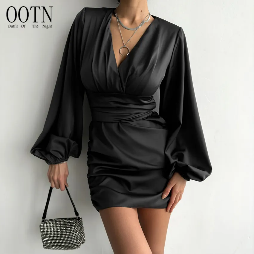 OOTN Clubwear Spring 2023 Solid Dresses Women Lantern Sleeve V-Neck Satin Short Dress With Sashes Party Ruched Sexy Dress