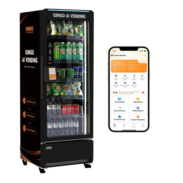 Factory Direct Qingo Dual SIM Card Stainless Steel Compressor Cooling 7-inch Touchscreen Smart Cooler AI 24 Vending Machine