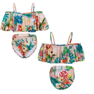 Date hors épaules maillot de bain fendu adolescent maillots de bain enfant maillots de bain vêtements de plage imprimé fleuri volant à volants fille maillot de bain