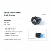 Interrupteur à bouton-poussoir métallique étanche IP65 de 12 mm, 12 V 24 V CC, LED, à actionnement momentané ou à enclenchement, pour le contrôle des machines industrielles