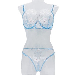 Exquisite Flower Embroidery <strong>Lingerie</strong> <strong>Set</strong> High Quality See Through Bra and Panty Simple Sexy Underwear for Women Light <strong>Blue</strong> - Product Image 5