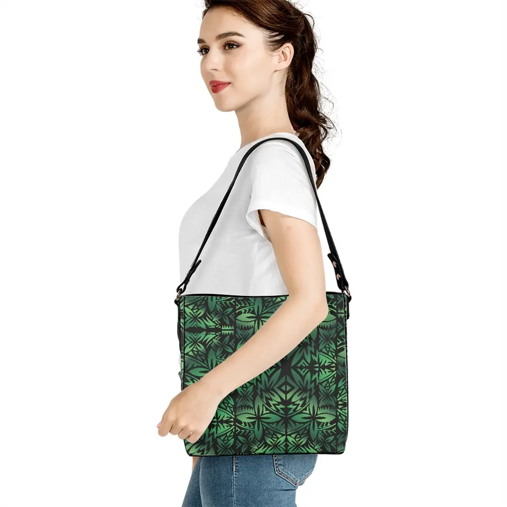 Black Polynesian Style Crossbody Bag Messenger Green Tapa Flower Pattern Women's Messenger Bags Pu Leather Shoulder Bags