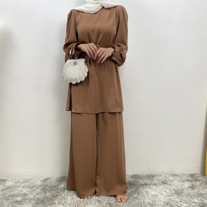 2335+9003 #   Ensemble de 2 pièces en tissu Nida de couleur unie de qualité supérieure, costumes turcs, robe Abaya, chemisier pour femmes musulmanes, pantalon ample avec poches et ceinture - Product Image 5