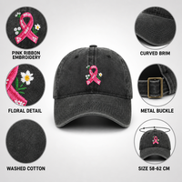 Casquette de baseball unisexe en coton lavé avec logo personnalisé, ruban rose et broderie florale, 6 panneaux, vente en gros