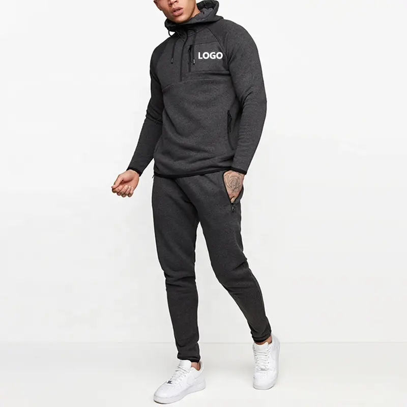 Custom Logo Polyester Fabric Tech Fleece Jogger 1/4 Zip Pullover Hoodie Black Marl Utility Tracksuit Set Track Suits For Men