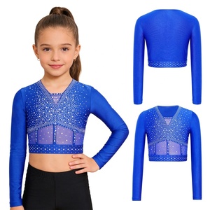 Girls V Neck Rhinestone Crop Top Mesh Long Sleeve Sparkle Dance Gymnastics Tops Kids Practice Wear Shiny Performance Custom - Product Image 2