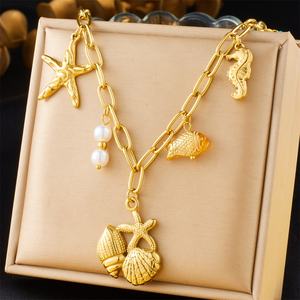 Collar con Colgante de Sol y Luna, Peces Marinos, Estrellas de Mar, Accesorios de Animales Marinos, Concha, Nudo de Mariposa, Cruz, Corazón, Joyería de Oro de 18K - Product Image 5