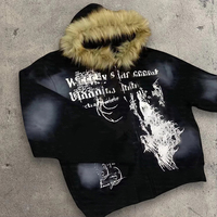 YSJY OEM Streetwear personnalisé surdimensionné en coton vieilli fermeture éclair soleil délavé lourd fausse fourrure capuche veste sweat à capuche hommes