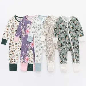 Boho Rainbow Floral Leopard Bamboo Baby Clothes Kids Footed Zipper pagliaccetto Sleeper pigiama di bambù per bambini in cotone organico