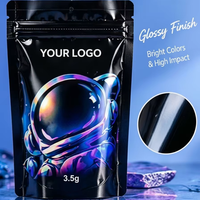 Pochette en plastique holographique de forme spéciale avec logo personnalisé, sac refermable de 3,5 g avec trou de suspension, sac d'emballage laser irisé