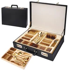 Vaisselle de luxe en acier inoxydable, 84 pièces, pour fête et mariage, coffret en cuir, idée cadeau