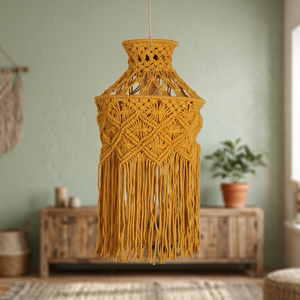 Abat-jour en coton fait main, style bohème, macramé, écologique, avec pompons, pour chambre à coucher, salon - Product Image 3