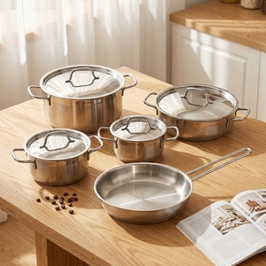 Set di Pentole <span class=keywords><strong>KORKMAZ</strong></span> in Acciaio Inox 201 Non Rivestito a Doppio Fondo, 9 Pezzi, Regalo per l'Esportazione Transfrontaliera - Product Image 2