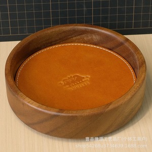 Walnut Wood Veneer <b>Storage</b> <b>Tray</b> Round Handmade Cowhide Lining Durability General Packaging Standing Type - Product Image 2