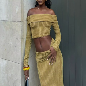 New High Elastic Fabric Off Shoulder Long Sleeve Striped Dress 2 Piece Set for Women Fashion - Product Image 2